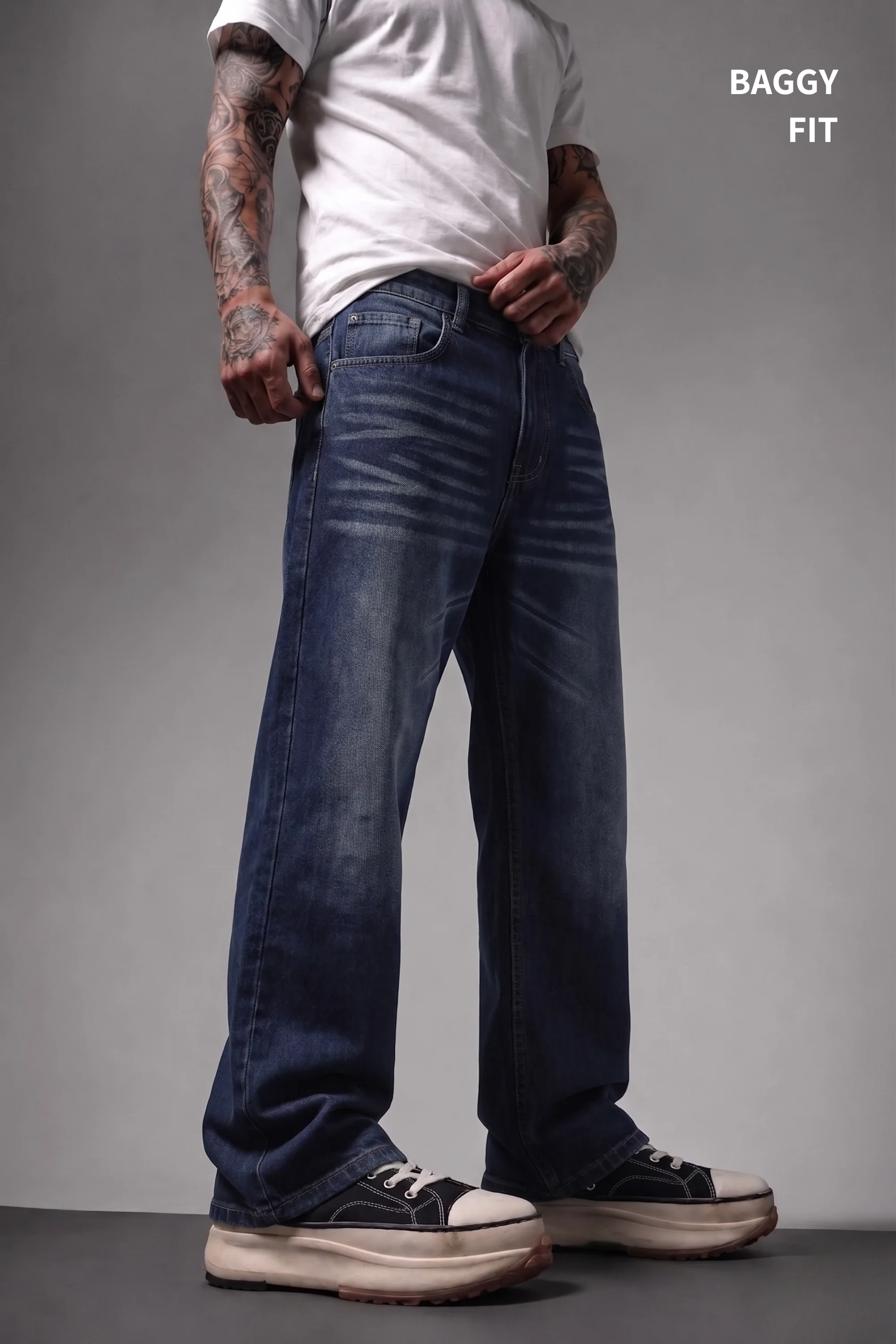 Navy Fade Wash Distressed Baggy Denim